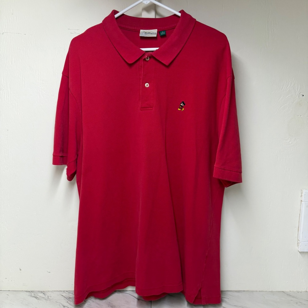 Walt Disney World Mens XL Red Mickey Mouse Embroidered Pique Cotton Polo Shirt